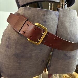 Vintage Roussells of Keene Burgundy Leather Belt Brass Buckle Scarred Cowhide